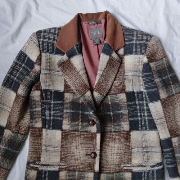 Vintage New York Style Wool Blend Patchwork Plaid Blazer Jacket Womens Small - Picture 5 of 12